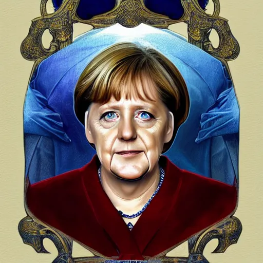 Image similar to Portrait of Angela Merkel !with beard!, D&D, blue eyes, face, dark fantasy, intricate, elegant, highly detailed, digital painting, artstation, concept art, smooth, sharp focus, illustration, art by artgerm and greg rutkowski and alphonse mucha