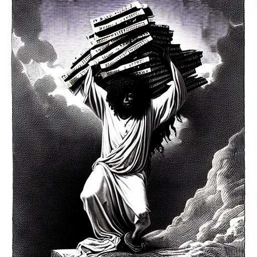 Image similar to cheef keef ascending into heaven holding stacks of cash, biblical image, style of gustave dore, highly detailed, beautiful, high contrast, black and white