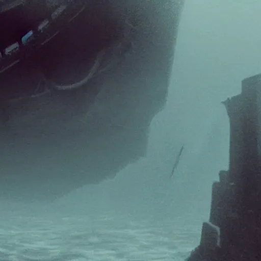 Image similar to an old ship on the bottom of the ocean that sunk long ago. mysterious, intimidating, haunted. horror movie screencap. epic. trending on artstation