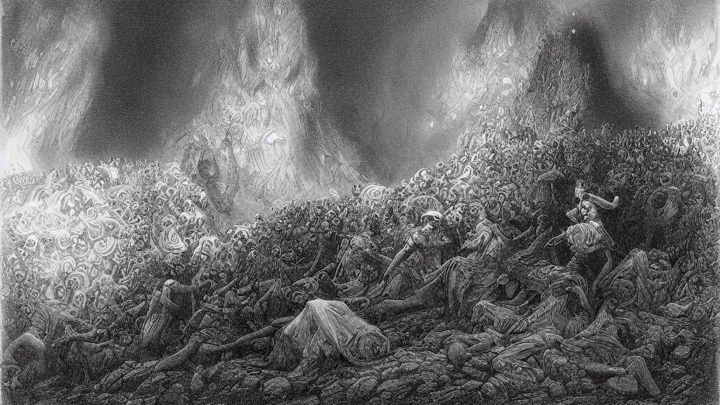 Image similar to ( at my feet mysterious chaos breaks, abrupt, immeasurable ) in the style of gustave dore, max klinger ( 1 8 5 7 - 1 9 2 0 ), sidney h. sime, 1 8 6 0 s