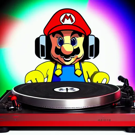 Image similar to svg sticker of a Pop-Wonder SuperMario, Mario-Wearing-a-red-hat, at a rave, spinning records, giant headphones rocking out, wearing headphones, huge speakers, dancing, rave, DJ, spinning records, digital art, amazing composition, rule-of-thirds, award-winning, trending on artstation, featured on deviantart