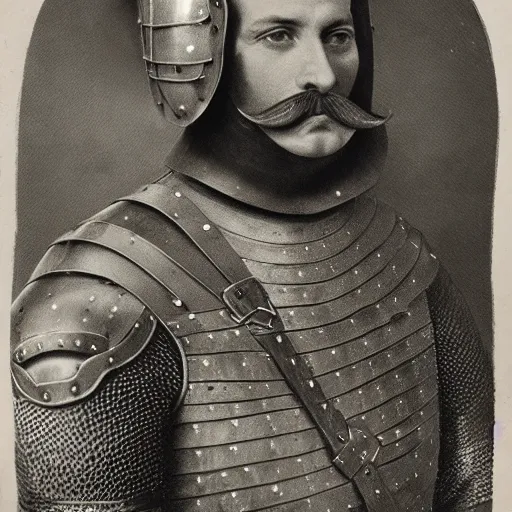 Prompt: realistic still of a man with a moustache wearing medieval knights armor. Highly detailed portrait