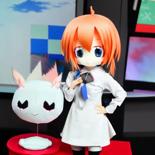 Prompt: cute fumo plush of an anime girl weather girl presenter from TV