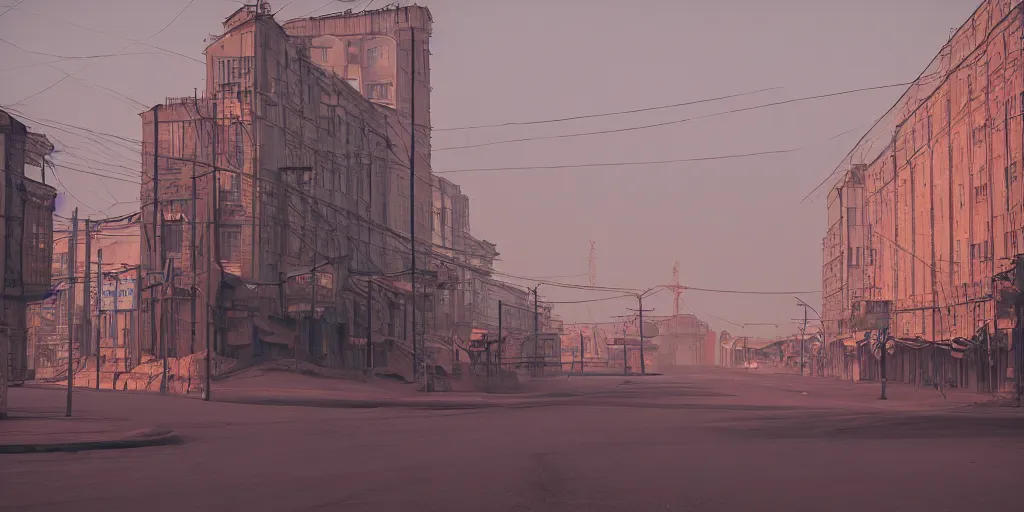 Image similar to photo of city street neon on mars, norilsk st. petersburg city, telephoto, anamorphic cinematography, beautiful composition, color theory, leading lines, photorealistic, moody volumetric lighting