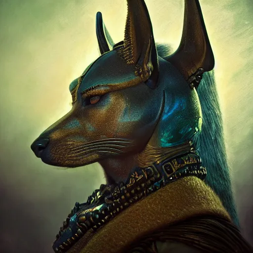 Image similar to portrait of anubis, intricate artwork, concept art, octane render, deviantart, cinematic, key art, hyperrealism, iridescent accents, portrait photograph, nikon 3 5 mm, photograph by greg rutkowski