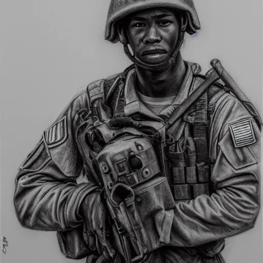 Image similar to a very detailed pencil drawing of a us soldier in vietnam 4 k, high resolution, still, landscape, hd, dslr, hyper realistic, sketch