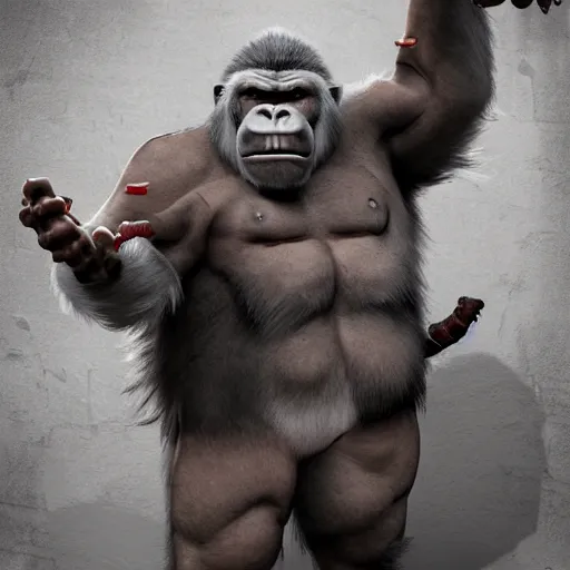 Prompt: angry tough albino gorilla with tattoos, mohawk punk gorilla, mean looking character, interesting 3 d character concept by tiger hkn and gediminas pranckevicius, maplestory, game art, hyper detailed, character modeling, cartoon, cinematic, ray tracing, fur details, maya, c 4 d