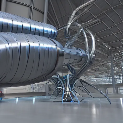 Image similar to big metallic capsule connected to pipelines, purpose is pump, standing in large industrial hall, designed by best engineers, raytracing, reflections