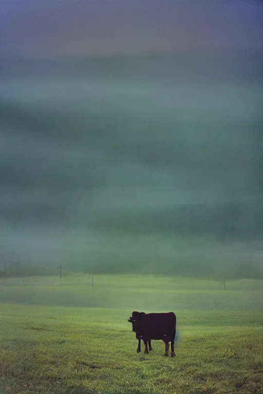 Image similar to film color photography, cow in the blue fog at the lawn, mountains in distance, 35mm