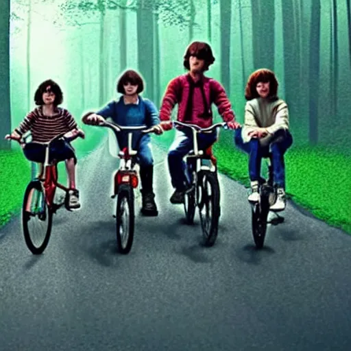 Image similar to stranger things four friends riding their bike encounter a demogorgon