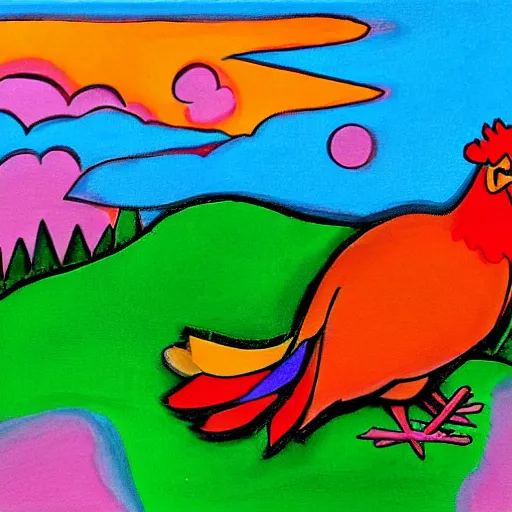 Prompt: colorful sky chicken, In the style of Hayao Miyzaki