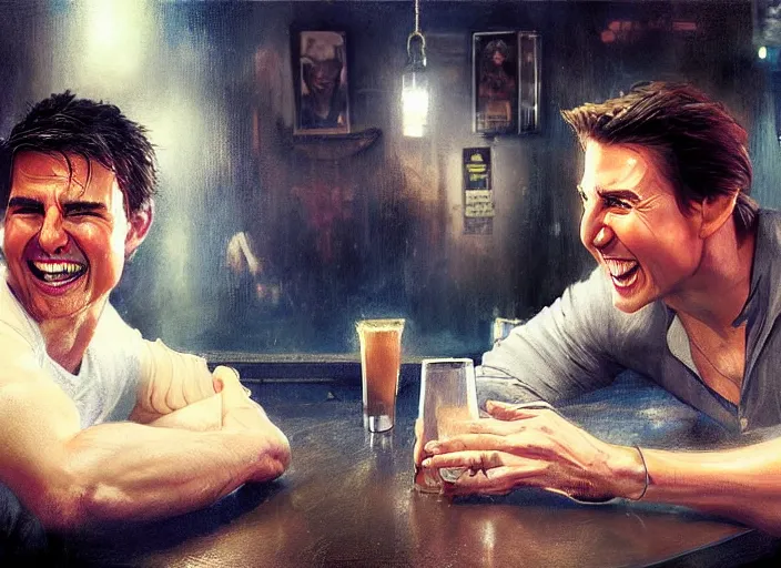 Image similar to hyper realistic tom cruise hanging out with tom cruise at a bar, all overly excited, jaw unhinged with laughter and smiling, all teeth, by greg rutkowski, artgerm, loish, pixar, 4 k, 8 k, masterpiece