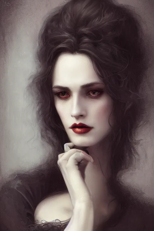 Image similar to a portrait of elegant beautiful dark bohemian vampire woman, bored, illustration, dramatic lighting, soft details, painting oil on canvas, art nouveau, octane render, HDR, 4k, 8k, HD, by Edmund Blair Leighton, Brom, Charlie Bowater, trending on artstation, faces by Tom Bagshaw, Sargent