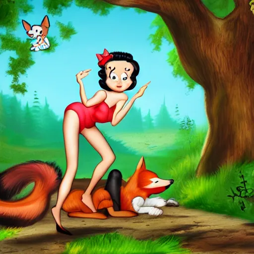 Image similar to betty boop riding a fox in the woods, high definition