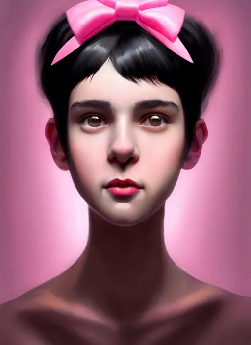 Image similar to portrait of teenage girl, realistic, black hair, bangs, half updo hairstyle, pointy nose, skinny, smile, ugly, defined jawline, big chin, pink hair bow, earrings, intricate, elegant, glowing lights, highly detailed, digital painting, artstation, sharp focus, illustration, art by wlop, mars ravelo and greg rutkowski