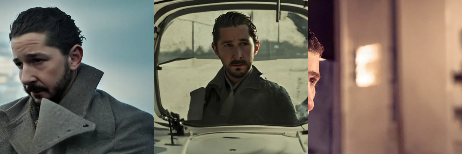 Prompt: close-up of Shia LaBeouf as a detective in a movie directed by Christopher Nolan, movie still frame, promotional image, imax 70 mm footage