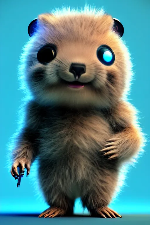 Image similar to high quality 3 d render sci - fi very cute fluffy! wombat!! cyborg with futuristic mechanical parts, cyberpunk monocle!, highly detailed, vray cinematic smooth, in the style of detective pikachu, hannah yata charlie immer, dark blue neon light, low angle, uhd 8 k, sharp focus