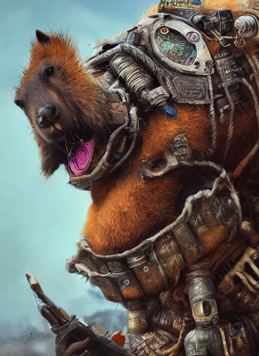 Prompt: detailed full body concept art illustration oil painting of an anthropomorphic capybara mad max in full intricate clothing, biomutant, dystopian, ultra detailed, digital art, octane render