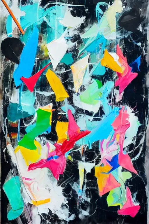 Image similar to abstract expressionist painting, paint drips, acrylic, wildstyle, clear shapes, maximalism, smeared flowers, origami crane drawings, oil pastel gestural lines, large triangular shapes, painting by ashley wood