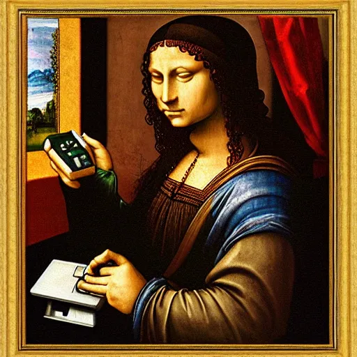 Prompt: original Da Vinci painting of the Gameboy - 1503 Paint on Canvas