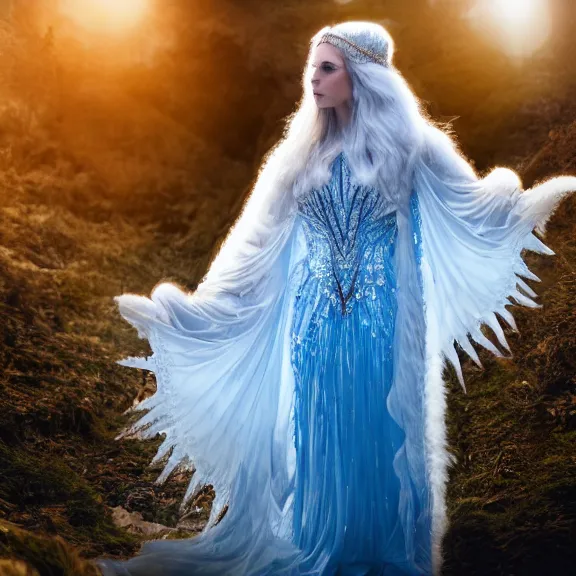 Prompt: photo of a real life beautiful ice queen with ornate cloak, 4 k, hdr, smooth, sharp focus, high resolution, award - winning photo