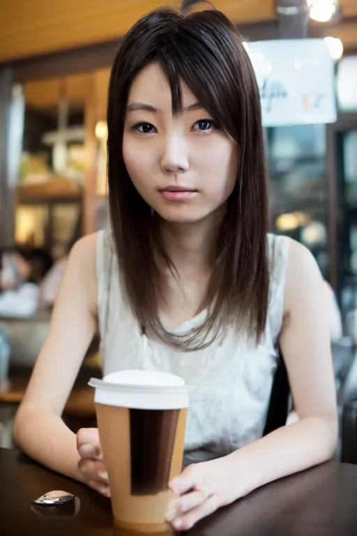 Image similar to her name is shimizu, age is 2 3, pretty japanese girl, brown hair, revealing black top, at cafe, lives in fukuoka, 8 k, photography, photography lighting