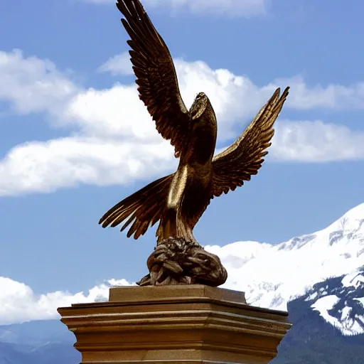 Image similar to thus spoke zarathustra, serpent and eagle, statue, by michaelangelo, by bernini, gold accents, white marble, sunshine, mountaintop, snow, highly detailed,