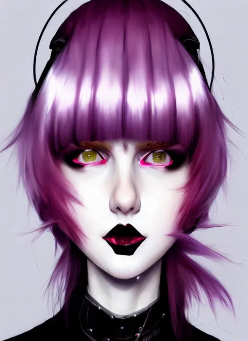 Image similar to portrait of white teenage girl, normal face, white bangs, mall goth, cyberlox, black and white hair, bangs, fluffy bangs, red contact lenses, purple lipstick, intricate, elegant, highly detailed, digital painting, artstation, concept art, sharp focus, smooth, illustration, art by wlop, mars ravelo and greg rutkowski