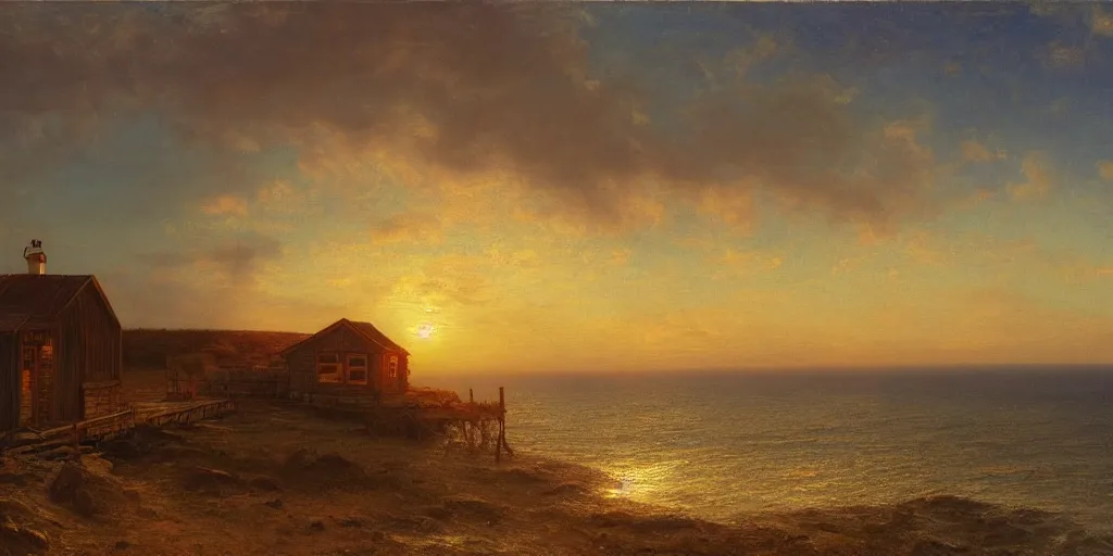 Image similar to sunset over a wooden cabin on the coast in the distance, sea, oil painting, very detailed, colorful, cinematic lighting, albert bierstadt, trending on artstation