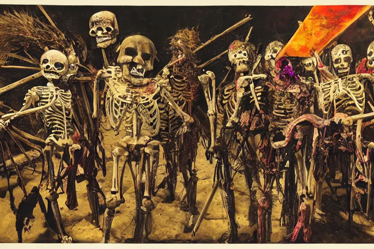 Image similar to scene from spartacus, day of the dead, cyber skeleton, neon painting by otto dix