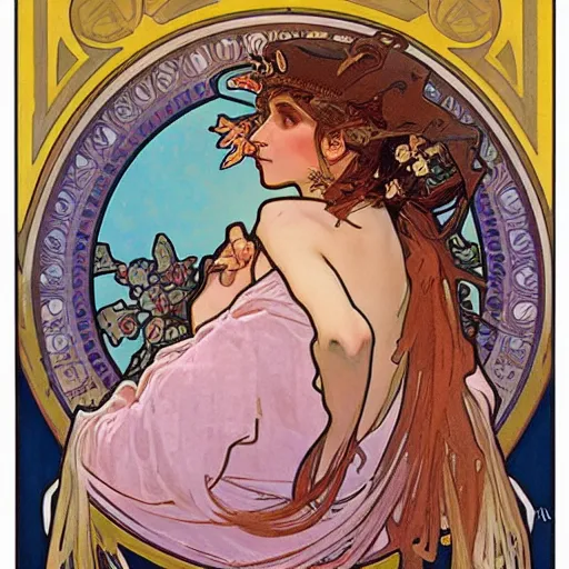 Image similar to art by alphonse mucha