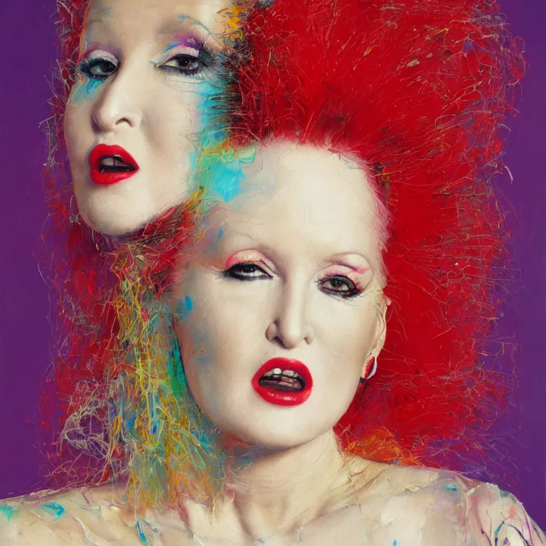 Image similar to close up studio portrait of Cindy Lauper wearing an Issey Miyake dress in 1985, impasto heavy brushstrokes oil painting by Norman Rockwell and Tim Hawkinson and Cy Twombly, Intense colors trending on artstation dramatic lighting Expressionism