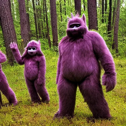 Prompt: photo of feral cryptid sasquatch teletubbies in the woods