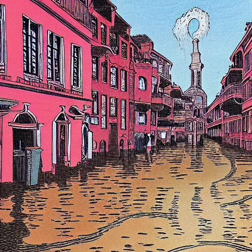 Prompt: water flowing through the streets in an old city, drawing by moebius