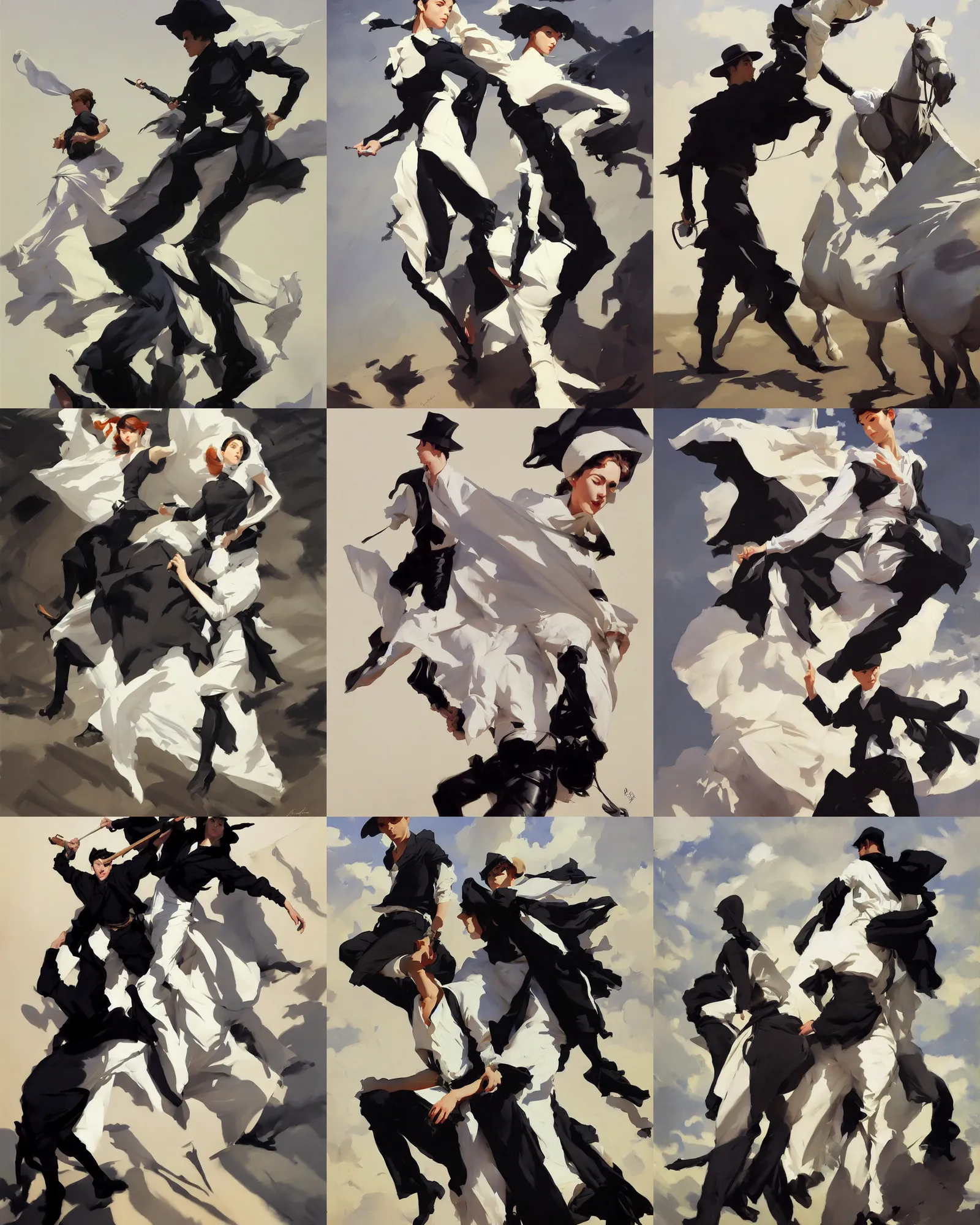 Prompt: black white cloth fabric jodhpurs greg manchess painting by sargent and leyendecker, studio ghibli, fantasy, medium shot, asymmetrical, intricate, elegant, matte painting, illustration, hearthstone, by rhads by greg rutkowski, by greg tocchini, by james gilleard, by joe fenton