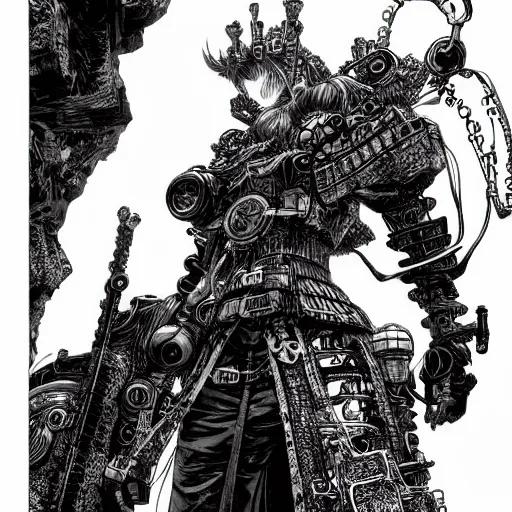 Image similar to a vertical portrait of a character in a scenic environment by yoshitaka amano and nihei tsutomu, black and white, dreamy, steampunk armor, highly detailed