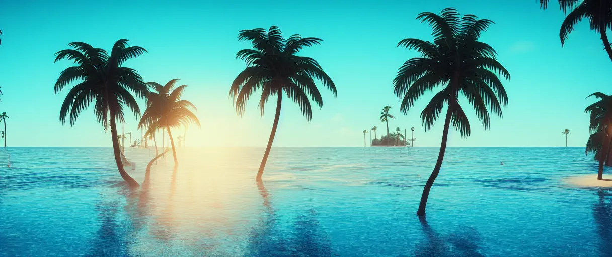 Image similar to synthwave beach, palm trees, water with caustics, 3 d octane render, raytracing, dynamic lighting, focus