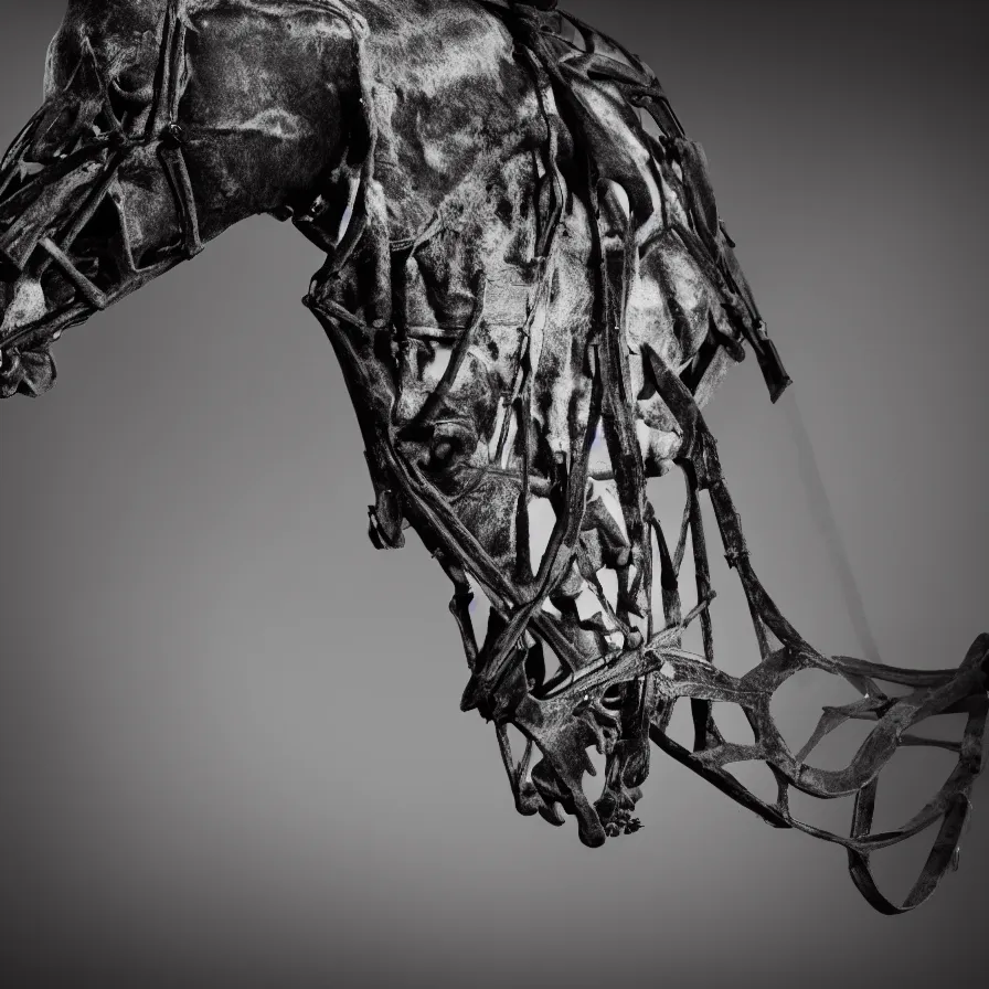 Prompt: skeleton of a horse in a dark veil, dark and mysterious, stopped in time, atmospheric, ominous, eerie, cinematic, epic, 8 k, 4 k, ultra detail, ultra realistic