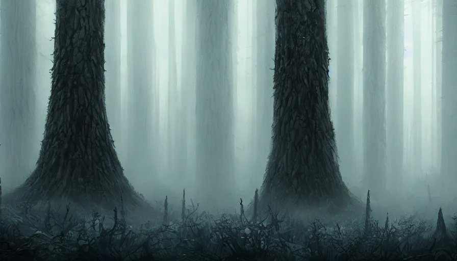 Prompt: a dark foggy forest, a very tall faceless monster standing amongst the trees, concept art, illustration, dark fantasy, high detail, trending on artstation