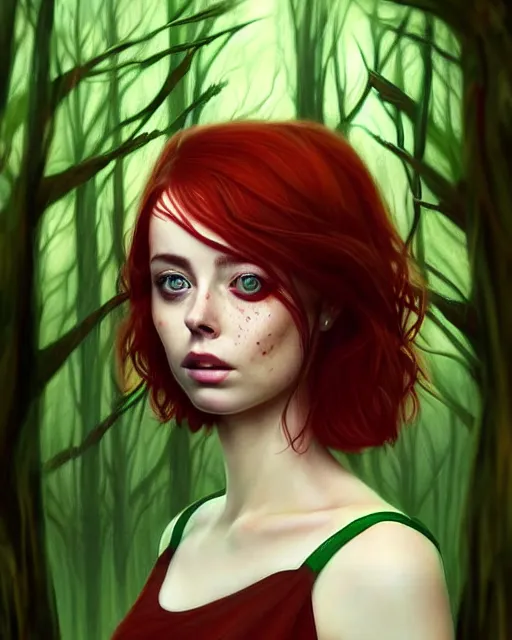 Image similar to surrounded by trees, realistic character concept, gorgeous Kacey Rohl, red hair, small freckles, symmetrical eyes, green dress, covered in blood, dark forest, trees, shorter neck, cinematic lighting, Joshua Middleton and artgerm, fear anxiety terror