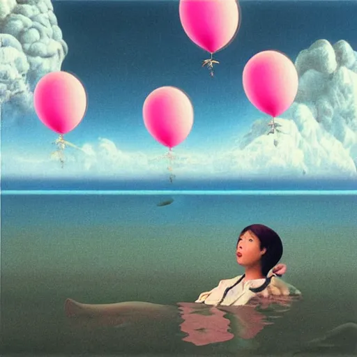 Prompt: scifi, liminal spaces, party balloons, checkered pattern, David Friedrich, award winning masterpiece with incredible details, Zhang Kechun, a surreal vaporwave vaporwave vaporwave vaporwave vaporwave painting by Thomas Cole of an old pink mannequin head with flowers growing out, sinking underwater, highly detailed