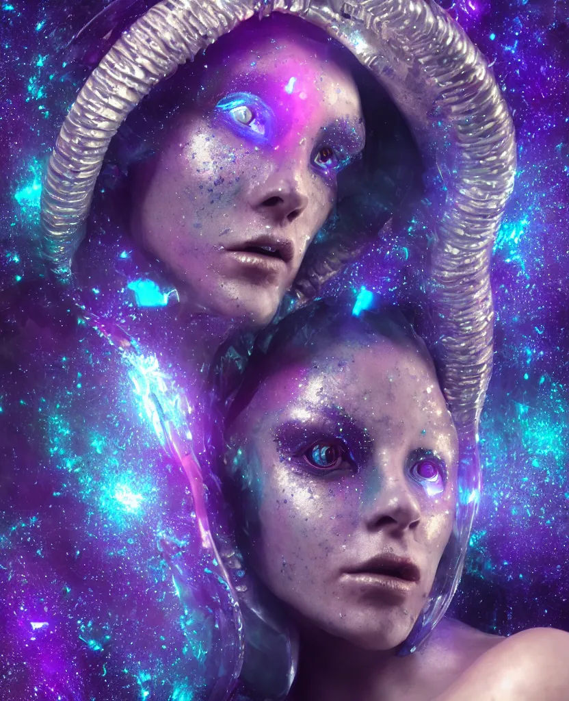 Image similar to beautiful blue alien female, ram horns, glitter, specular reflections, shiny skin, eye tattoo, portrait, synthetic full bodysuit colourful fish scale armour, intricate details, farscape, cinematic, octane render, subsurface scattering, bloom, shadows, purple glowy background, volumetric lighting