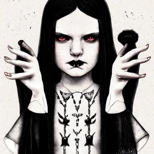 Image similar to Wednesday Addams casting dark magic, gothic art, subdued color, detailed, eerie, emotional, gothic, sad, agitated, highly detailed, incredibly sharp focus, Artstation, deviantart, artgem, insane detail, intense black line art, precision detail, golden ratio, in the style of Heavy Metal Comics