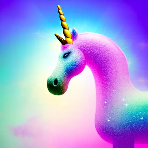 Image similar to an ultra high definition pastel coloured wildlife photograph of a magic unicorn with a glittery magic horn eating an ice cream in a magical field. refraction, volumetric lighting iridescence.