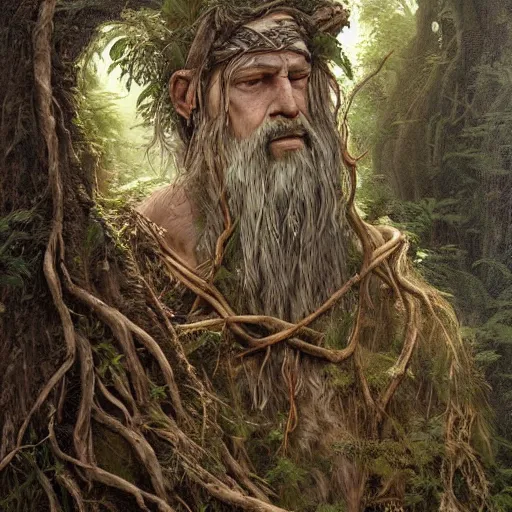 Image similar to A portait of an ancient druid made of bark, he live hidden in the vegetation of a forgotten forest, highly detailed painting, by Artgerm and Raphael Lacoste