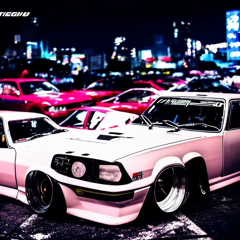 Image similar to a car S30 twin turbo drift at illegal car meet, Shibuya prefecture, city midnight mist lights, cinematic lighting, photorealistic, highly detailed wheels, high detail