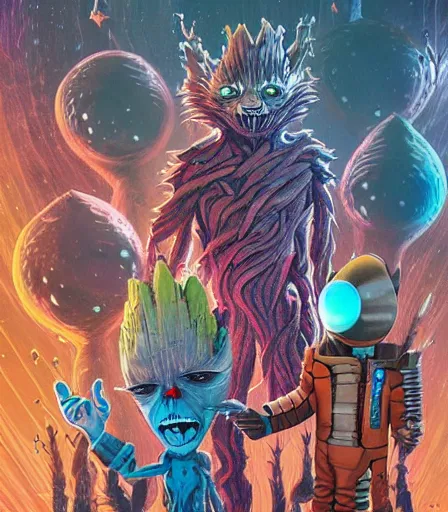 Prompt: Tim Burton style Guardians of the galaxy by Alex Pardee and Nekro and Petros Afshar, and James McDermott,unstirred paint, vivid color, cgsociety 4K