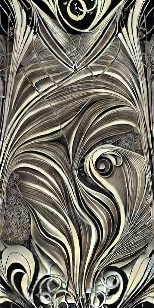 Image similar to the source of future growth dramatic, elaborate emotive Art Nouveau styles to emphasise beauty as a transcendental, seamless pattern, symmetrical, large motifs, hyper realistic, 8k image, 3D, supersharp, Flying shiny silk fabric in curves spirals and swirls, iridescent and black and silver colors , perfect symmetry, iridescent, High Definition, sci-fi, Octane render in Maya and Houdini, light, shadows, reflections, photorealistic, masterpiece, smooth gradients, no blur, sharp focus, photorealistic, insanely detailed and intricate, cinematic lighting, Octane render, epic scene, 8K