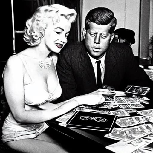 Image similar to a highly detailed photo of marilyn monroe and jfk playing yu - gi - oh