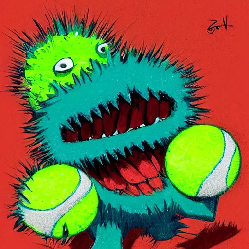 Prompt: a tennis ball monster ,tennis court, tennis racket, digital art, fantasy, magic, trending on artstation, ultra detailed, professional illustration by Basil Gogos